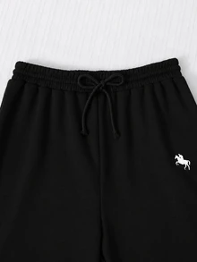 SHEIN Sparklyn 青少年女孩休閒愛心印花短袖T恤與寬腿褲兩件套返校穿搭 - 黑色 - 查看 4