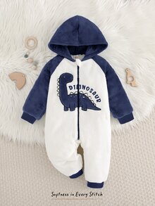 Cozy Pixies Baby Boy Cartoon Dinosaur Pattern Thermal Lined Colorblock Hooded Long Sleeve One-Piece Autumn Winter Jumpsuit, Versatile And Comfortable - Navy Blue - View 10