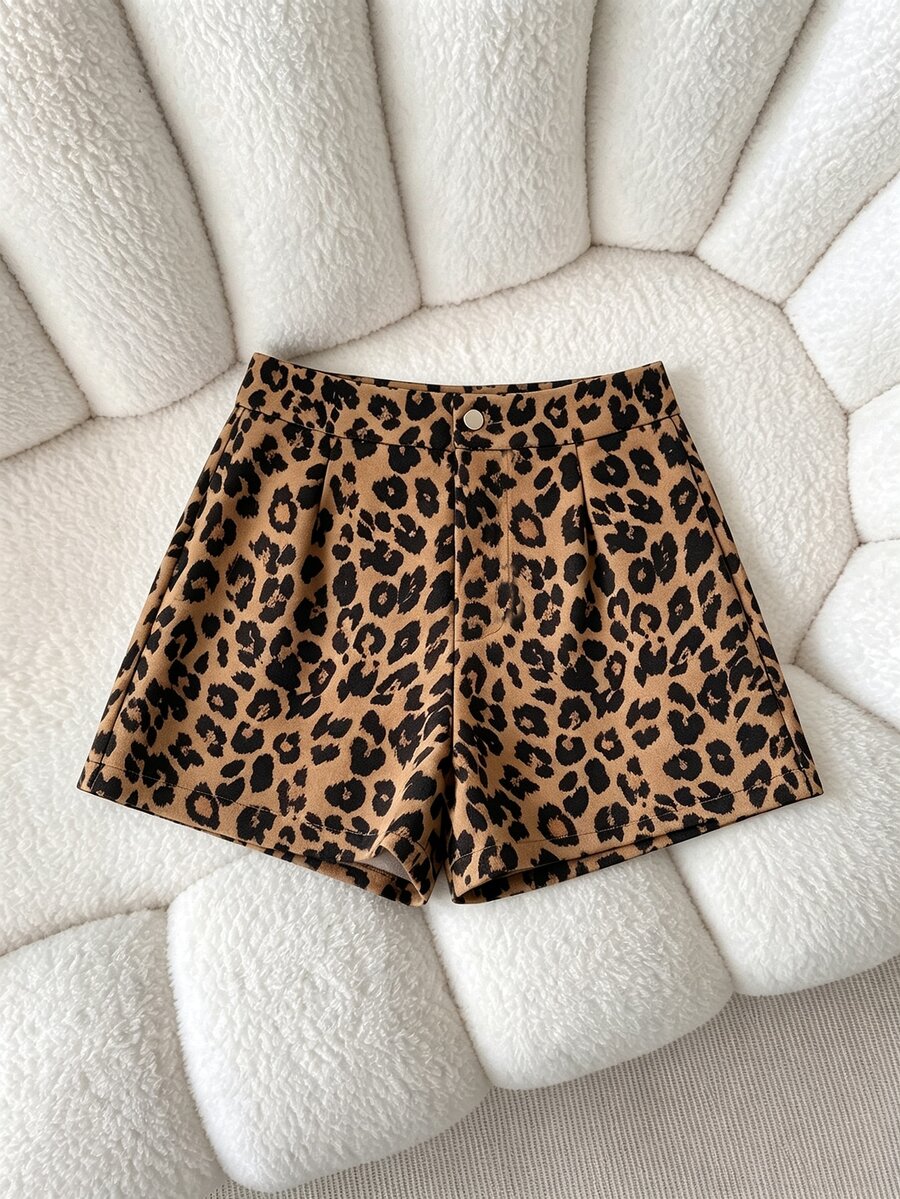 INAWLY Women's Leopard Print Waist Button Design Casual Shorts - Brown - View 1