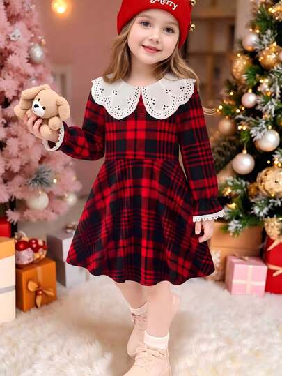 Young Girl) Plaid Long Sleeve Dress, Red And Black Plaid Body, White Wavy Lace Peter Pan Collar, Long Sleeves With Matching Lace Bell Cuffs, High Waist, A-Line Full Skirt. Suitable For Daily School, Back To School, Sister Gatherings, Party Events, Outdoor Photo Shoots And More