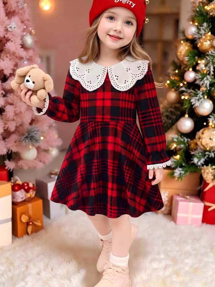 Young Girl) Plaid Long Sleeve Dress, Red And Black Plaid Body, White Wavy Lace Peter Pan Collar, Long Sleeves With Matching Lace Bell Cuffs, High Waist, A-Line Full Skirt. Suitable For Daily School, Back To School, Sister Gatherings, Party Events, Outdoor Photo Shoots And More - Red - View 1