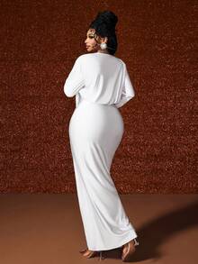 Maweii Plus Size Women Solid Color Deep Neck Ruched Fitted Elegant Dress - White - View 2