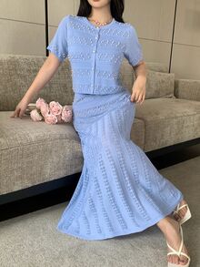 Modelyn Women's Faux Pearl Decorated Short Sleeve Knit Cardigan And Knit Skirt 2 Pieces Set - Baby Blue - View 4
