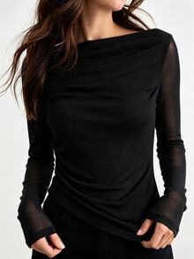 Ontre 2026 New Women's Long Sleeve T-Shirt, Slim Fit, Heather Gray, Knitted Fabric, Off-The-Shoulder/Off-Shoulder Convertible Design, Ruched Detail, Urban Modern Minimalist Elegant, Tea Party, Independence Day, Old Money Style, Teacher Outfit, Office Wear, Fashion Versatile Women's T-Shirt - Black - View 5
