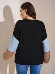 SHEIN LUNE 大尺碼休閒對比色圓領燈籠袖運動衫，秋季大尺碼女裝 - 彩色 - 查看 2