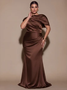 SHEIN BAE CURVE فستان نسائي أنيق بني اللون بتصميم مجعد مع ذيل سمكة للنساء ذوات المقاسات الكبيرة - بني - مشاهدة 6