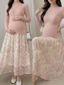 DAZY Solid Color Fitted Mock Neck Long Sleeve Sweater & Printed Umbrella Skirt Elegant Vacation Korean Style Spring Autumn Maternity 2 Pieces Set - Pink - View 3