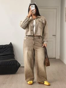 Flexra Plus Size Women's Dropped Shoulder Long Sleeve Single-Breasted Casual Denim Jacket - Brown - View 5