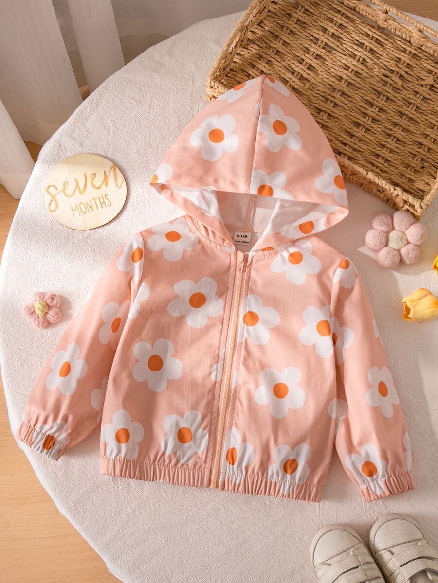 SHEIN 女嬰可愛休閒粉色花卉圖案連帽秋季外套 - 藕粉色 - 查看 1