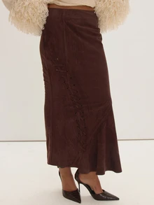 MUSEYN Brown Suede Lace Detail Maxi Skirt Fall Everyday Casual Timeless New Season - Dark Green - View 2