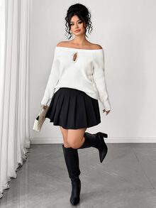 Elenzga Plus Size Off-Shoulder Rhinestone Hollow-Out Ribbed Knit Sweater Fall - Beige - View 5
