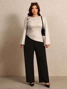 Elaquor Plus Size Women's Metal Decor Asymmetric Collar Bell Sleeve T-Shirt Elegant T-Shirt For Women Fall/Winter Elegant Office Teacher T-Shirt For Women - Apricot - View 5