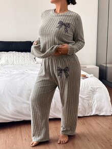 Napfluff CURVE Napfluff CURVE Plus Size Women's Fuzzy Ribbed Bow Embroidered Long Sleeve Pants Loungewear Set - Khaki - View 2