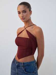 Hauture Women's Solid Color Asymmetrical Hem Criss-Cross Design Halter Tank Top - Burgundy - View 3