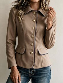 Louniche Elegant Casual Brown Button Blue Trim Women's Overcoat - Brown - View 6