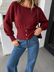 SHEIN PariChic Women's Off-Shoulder Asymmetric Pullover Sweater, Solid Red, Lantern Sleeves & Metal Button Detail, Elegant Waist-Fit For Office & Gatherings - Burgundy - View 5