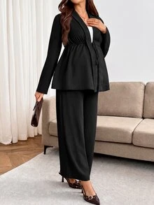 SHEIN طقم من قطعتين للحوامل: كارديجان بلون سادة مع ربطة خصر وبنطلون طويل بخصر قابل للتعديل - الأسود - مشاهدة 8