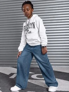 SHEIN Quần jean denim mặc thường ngày phong cách casual cho bé trai tuổi teen, có túi - Rửa trung bình - Xem 3