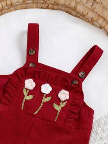 SHEIN 新生女嬰可愛多功能休閒刺繡連身衣，適合四季兒童穿著 - 紅色 - 查看 3