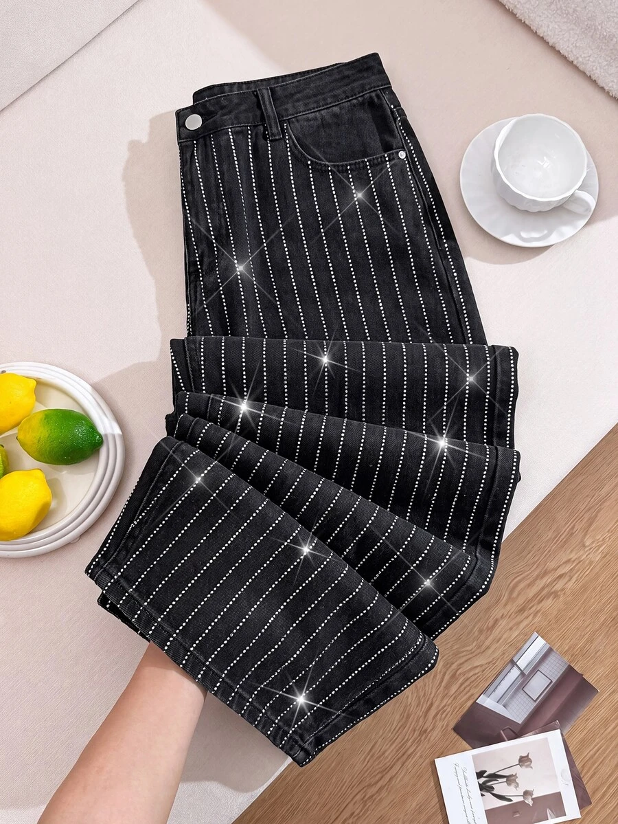 Comfortcana Plus Size Women Y2K Black Rhinestone Sparkly Stripe High Waist Straight Leg Denim Jeans Fall Party Night Out Pants - Black - View 1