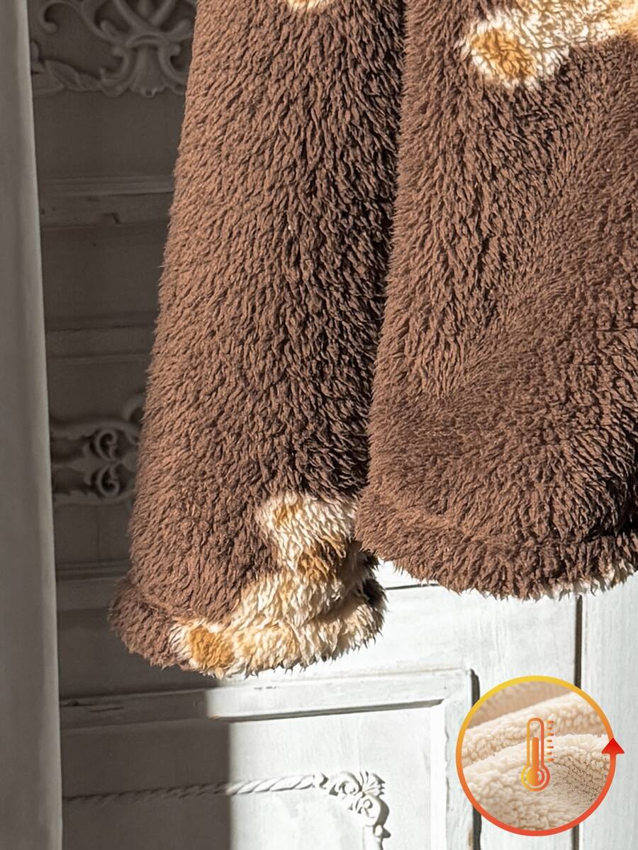 Teen Girl Fuzzy Bear Single-Breasted Top And Pants Loungewear - Coffee Brown - View 1