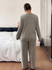 Napfluff CURVE Napfluff CURVE Plus Size Women's Fuzzy Ribbed Bow Embroidered Long Sleeve Pants Loungewear Set - Khaki - View 3