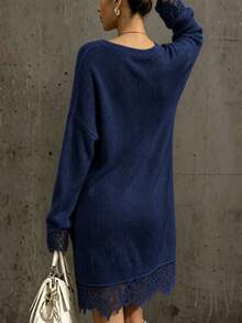 LUMIGAL Women's Solid Color V-Neck Contrast Lace Hem Dropped Shoulder Long Sleeve Knit Dress - Navy Blue - View 2