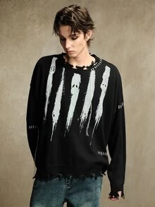 ROMWE MEN Men's Brush Pattern Distressed Hem Drop Shoulder Loose Fit Long Sleeve Sweater - Black - View 4