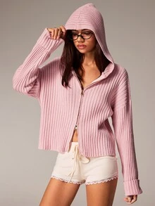 Athîral Ladies' Casual Soft Ribbed Knitted Hooded Long Sleeved Pink Casual Oversized Zipper Cardigan Sweater, Suitable For Daily Home Wear In Autumn And Winte - Pink - View 6