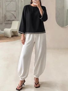 Mulvari Zen-Inspired Contrast Color 2 Pieces Set For Women: Square Neck Ruffle Wide Sleeve Crop Top + Elastic Waist Lantern Wide Leg Pants, Relaxed Blogger Style Loungewear Vacation Slouchy Outfit - Black and White - View 6