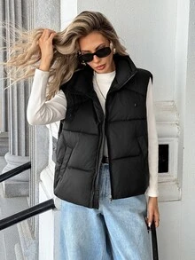 Aveloria Modichic Women Stand Collar Drawstring Quilted Vest Zip Up Sleeveless Side Pockets Simple Versatile Padded Waistcoat - Black - View 1
