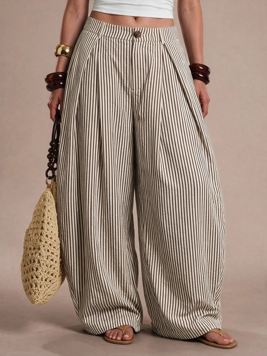 SHEIN BAE CURVE Plus Size Women's Casual Boho Vacation Black And White Checkered Textured Striped Loose Patchwork Long Pants Suitable For Outings Daily , Halloween, - Khaki - View 1