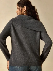 Nubod Plus Size Women's Asymmetrical Collar Button Pullover Knit Sweater - Dark Grey - View 2