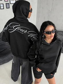 Coolane Women's Autumn/Winter Thermal Lined Long Sleeve Embroidered Pattern Hooded Sweatshirt With Pockets - Black - View 6