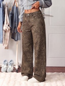 SHEIN Tall 中腰楓葉迷彩印花水洗牛仔直筒褲 - 棕色 - 查看 3