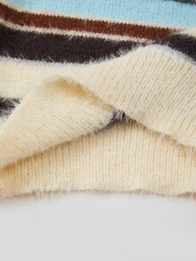 Mistrie Y2K Asymmetrical Shoulder Colorblock Striped Fuzzy Cropped Long Sleeve Knit Sweater - Blue - View 10