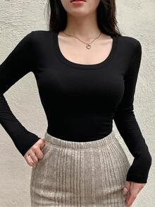 DAZY 女款純色修身百搭休閒極簡百搭T恤 日常黑色夏季 - 黑色 - 查看 6