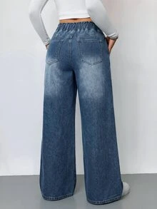 SHEIN PETITE 女款時尚繫帶口袋寬鬆寬腿牛仔褲，適合日常與夜生活，藍色夏季休閒街頭風 - 深色水洗藍 - 查看 6