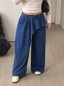 Flexra Plus Size Denim 2 In 1 Wide Leg Pants - Blue - View 1