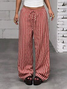 SHEIN ICON 新款復古格紋直筒寬腿休閒通勤甜美長褲 - 酒紅色 - 查看 4