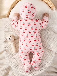 SHEIN Newborn Baby Girl Colorful Floral Pattern Round Neck Long Sleeve Thermal Lined Thick Autumn Winter Romper - Pink - View 2