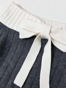 Flora Isola Flora Isola Off Shoulder Color Block Bow Decor Ribbed Knit Top & Mini Skirt Set, Women Elegant Long Sleeve Sweater Two Pieces Outfit - Grey - View 6
