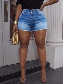 SHEIN SXY Plus Size Women's Frayed Waist Design Pocket Casual Denim Shorts - Blue - View 1