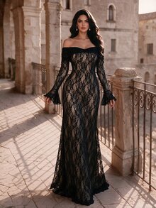 Coutiva Women's Off-Shoulder Flare Sleeve Lace Elegant Formal Evening Dress - Black - View 5