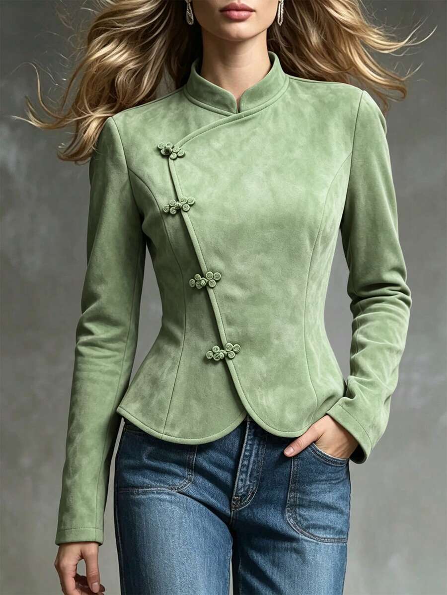 Trelyra 女款新款休閒秋冬新中式風格青蛙鈕扣高領長袖夾克,日常穿著 - 綠色 - 查看 1