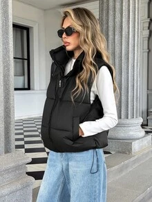 Aveloria Modichic Women Stand Collar Drawstring Quilted Vest Zip Up Sleeveless Side Pockets Simple Versatile Padded Waistcoat - Black - View 5