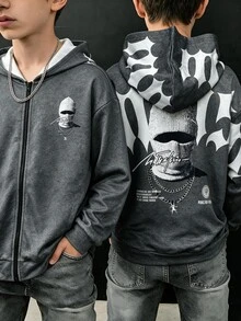 SHEIN 兒童青少年男孩字母人像圖案拉鍊連帽衛衣，街頭風長袖連帽衛衣，適合派對、開學季、正式場合、日常穿著、學校、旅行、運動，春夏秋季適用 - 灰色 - 查看 3