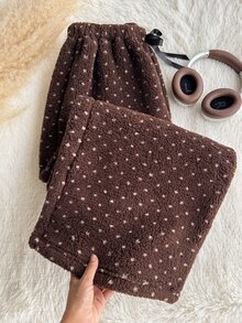 Comfortcana Plus Size Women's Polka Dot Pattern Waist Bow Decor Loose Fit Long Pants - Brown - View 5