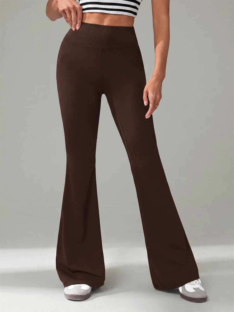SHEIN Tall 女款純色休閒高腰喇叭褲,適合日常穿著 - 棕色 - 查看 1