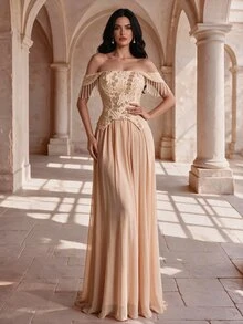 Coutiva Off-Shoulder Tassel Beaded Patchwork 2 In 1 Chiffon Maxi Dress Wedding Ball Event Party Prom Wedding Cream Winter Elegant Formal Glamour - Champagne - View 5